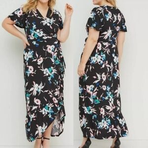 Lane Bryant High Low Floral Faux Wrap Tie Maxi Dress - Black Pink Ruffle Sleeves